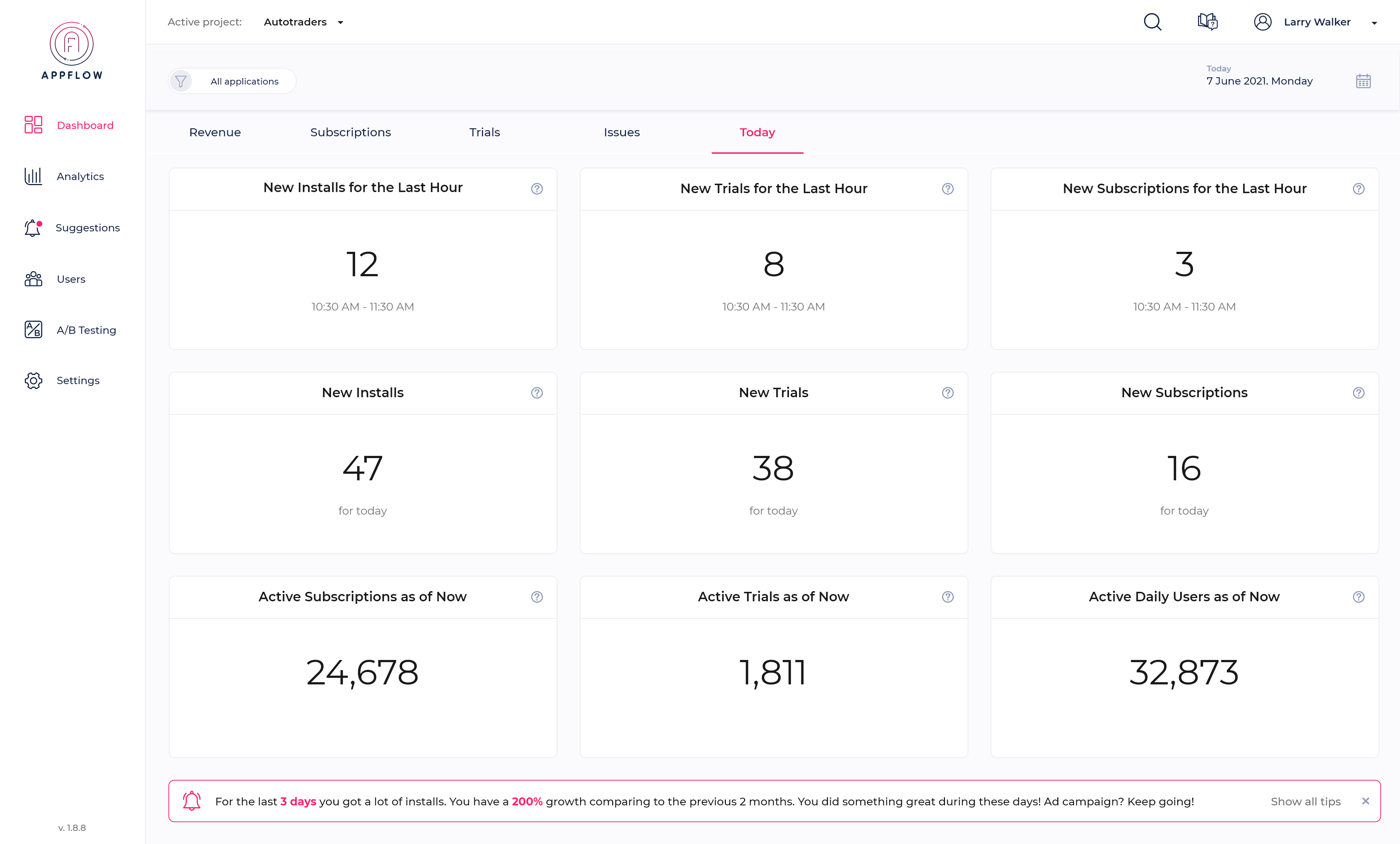 in-app subscription data tracked by appflow.ai